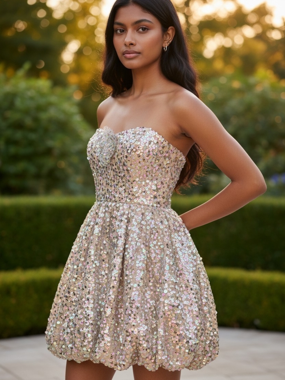 Liv Foster Gold Sequin Sweetheart Mini Dress Strapless Bubble Hem Party Sz 4